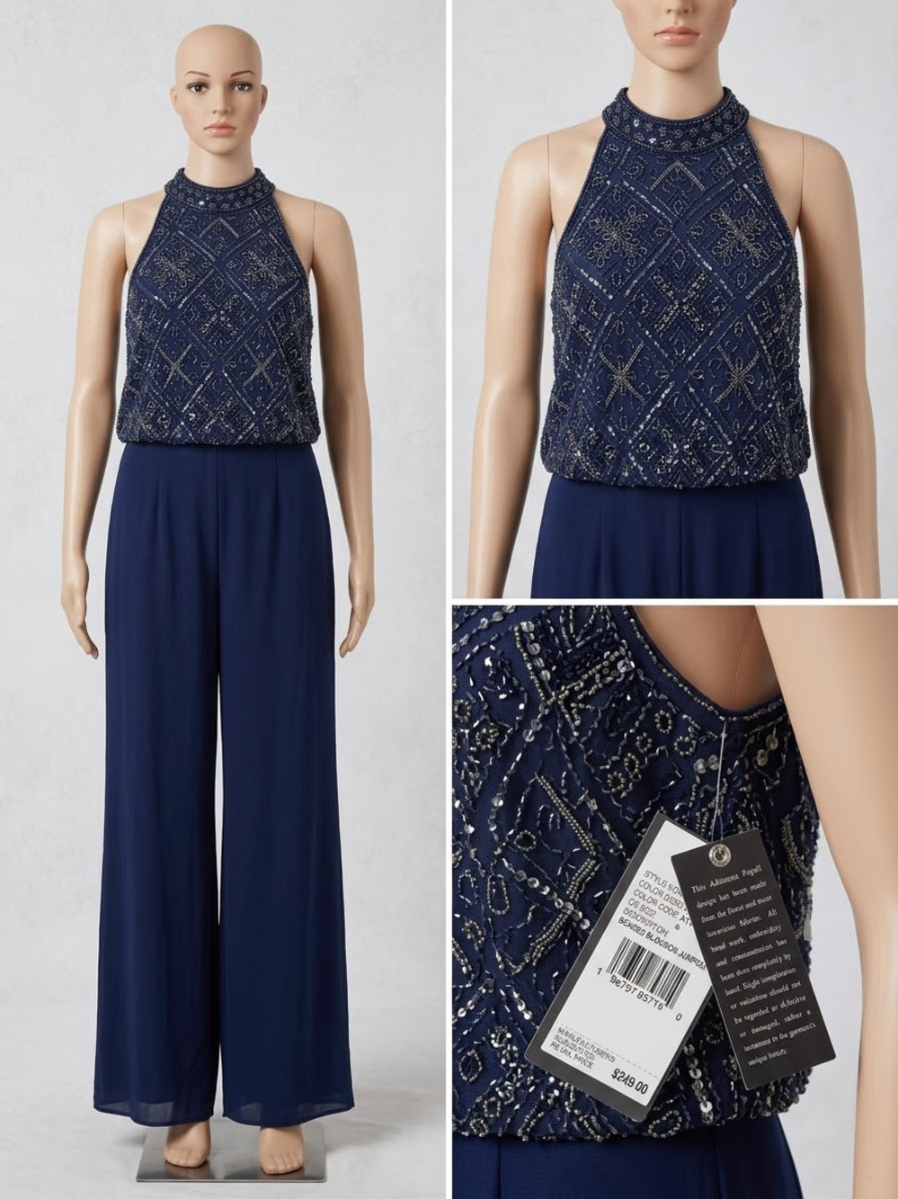 Adrianna Papell Navy Beaded Halter Wide-Leg Jumpsuit